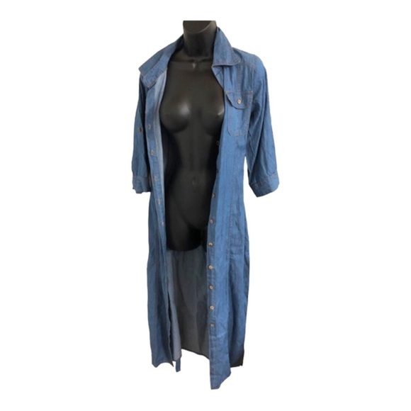 Blue denim fabric button front boho look belted dress size small brand new - Picture 10 of 16